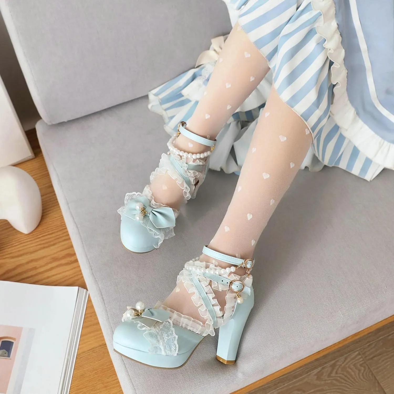 AIMODOR Women Kawaii Shoes Platform Heels Mary Jane Shoes Cute Lace Lolita Bow Pearl Block Heels Mary Janes Pumps
