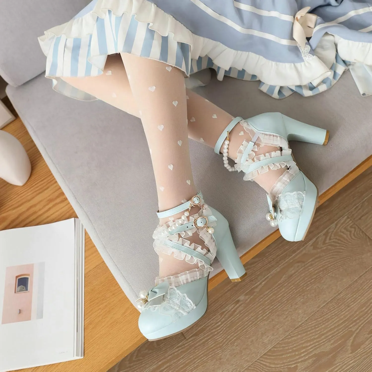 AIMODOR Women Kawaii Shoes Platform Heels Mary Jane Shoes Cute Lace Lolita Bow Pearl Block Heels Mary Janes Pumps