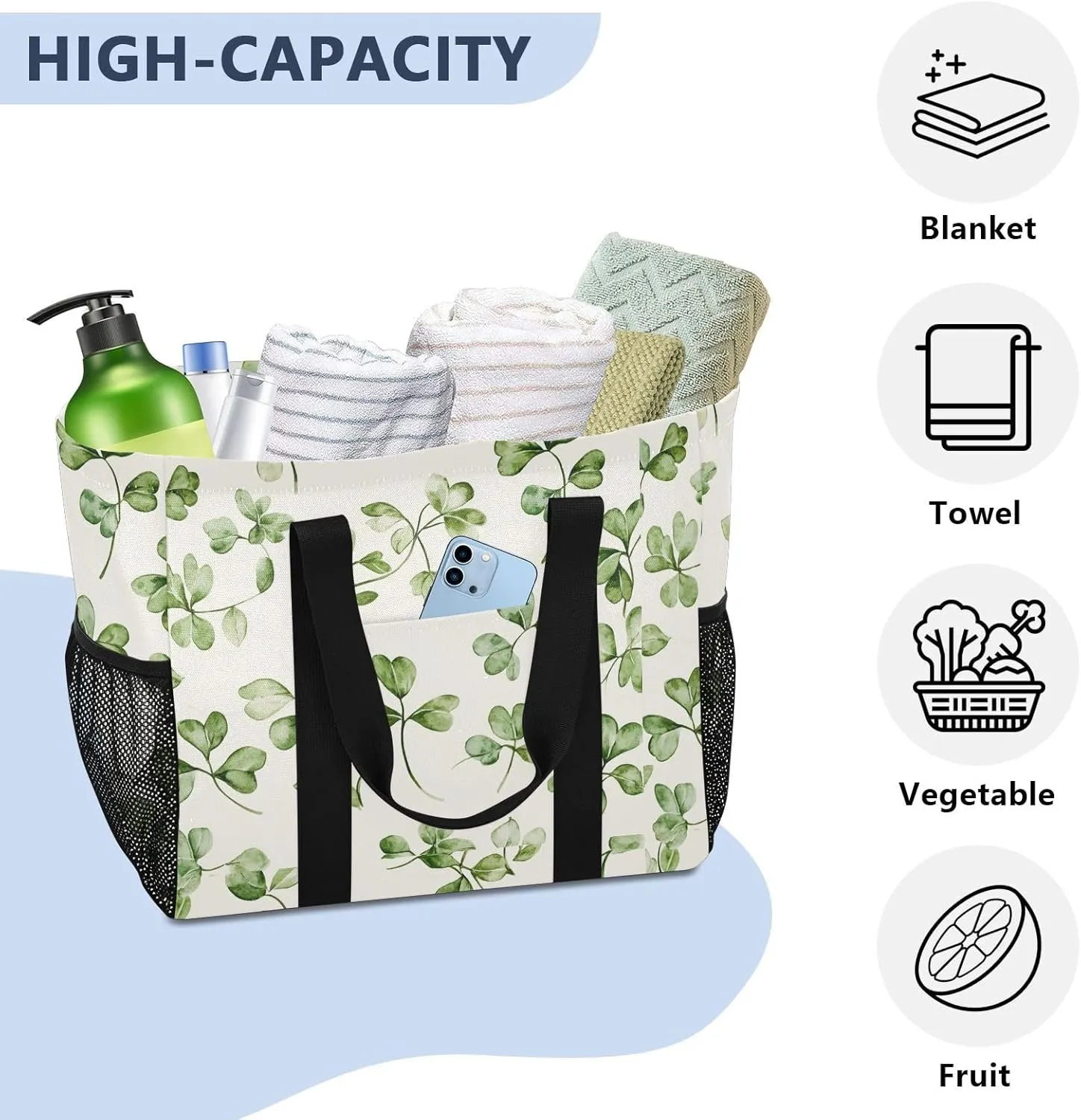 ALAZA Clover Leaves and Glasses Of Beer for St. Patrick's Day Waterproof Beach Tote Bags