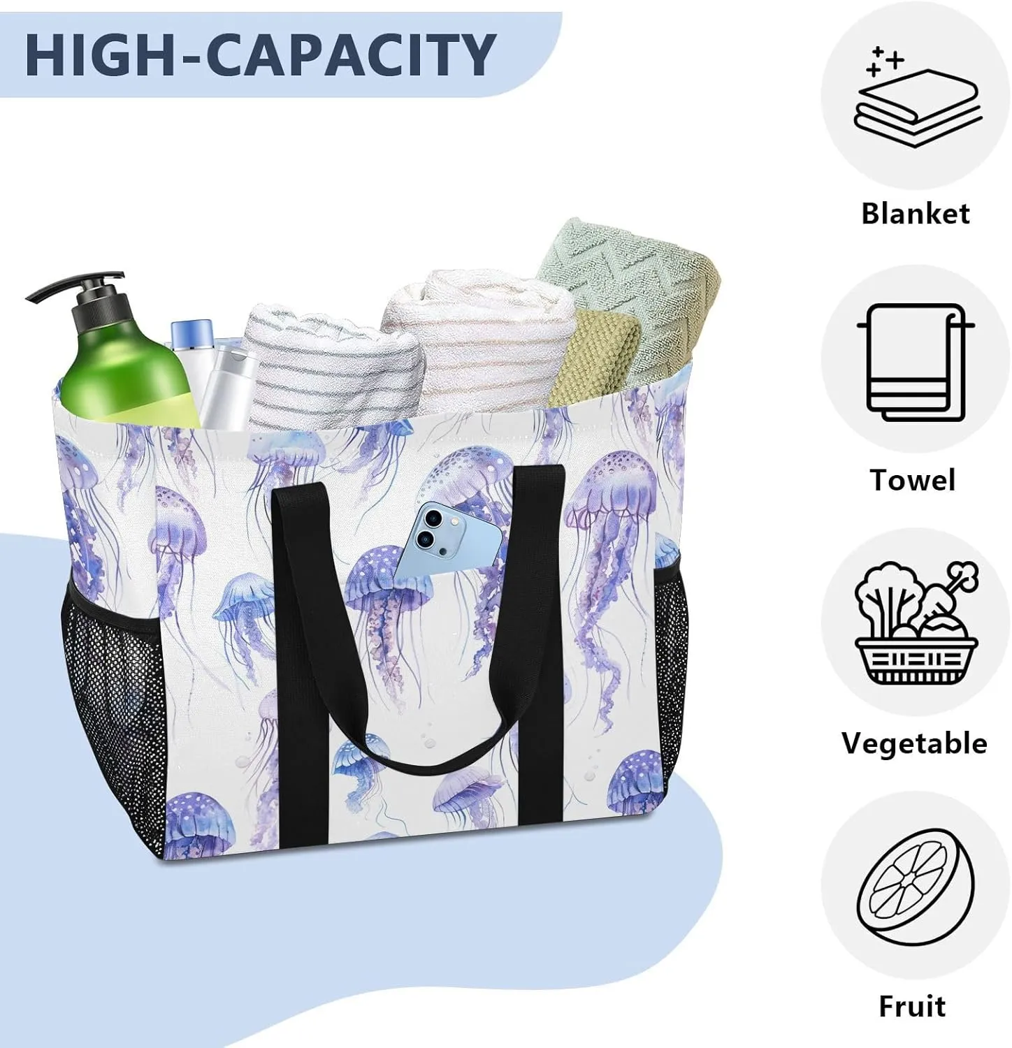 ALAZA Colorful Jellyfish Watercolor Waterproof Beach Tote Bags