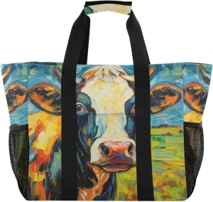 ALAZA Cow Portrait Cartoon Space Waterproof Beach Tote Bags
