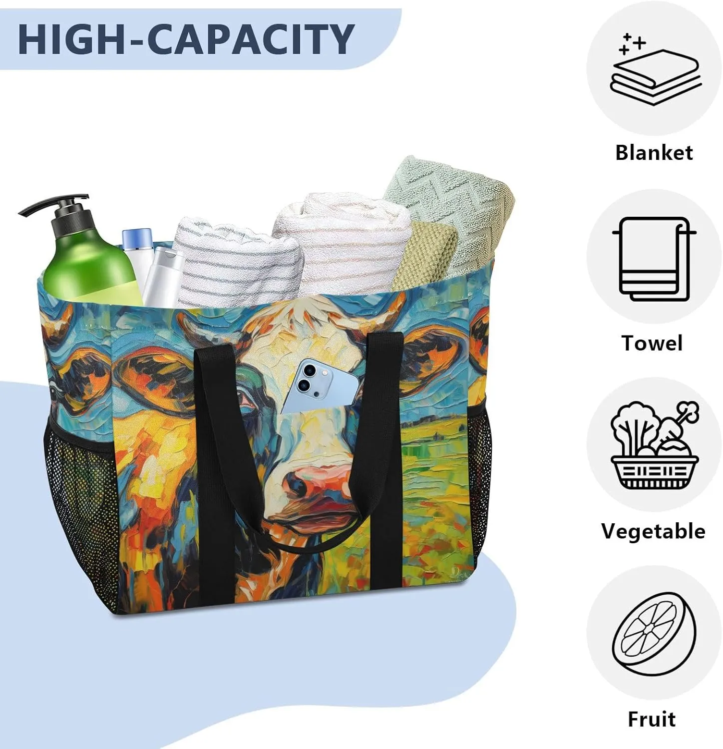 ALAZA Cow Portrait Cartoon Space Waterproof Beach Tote Bags