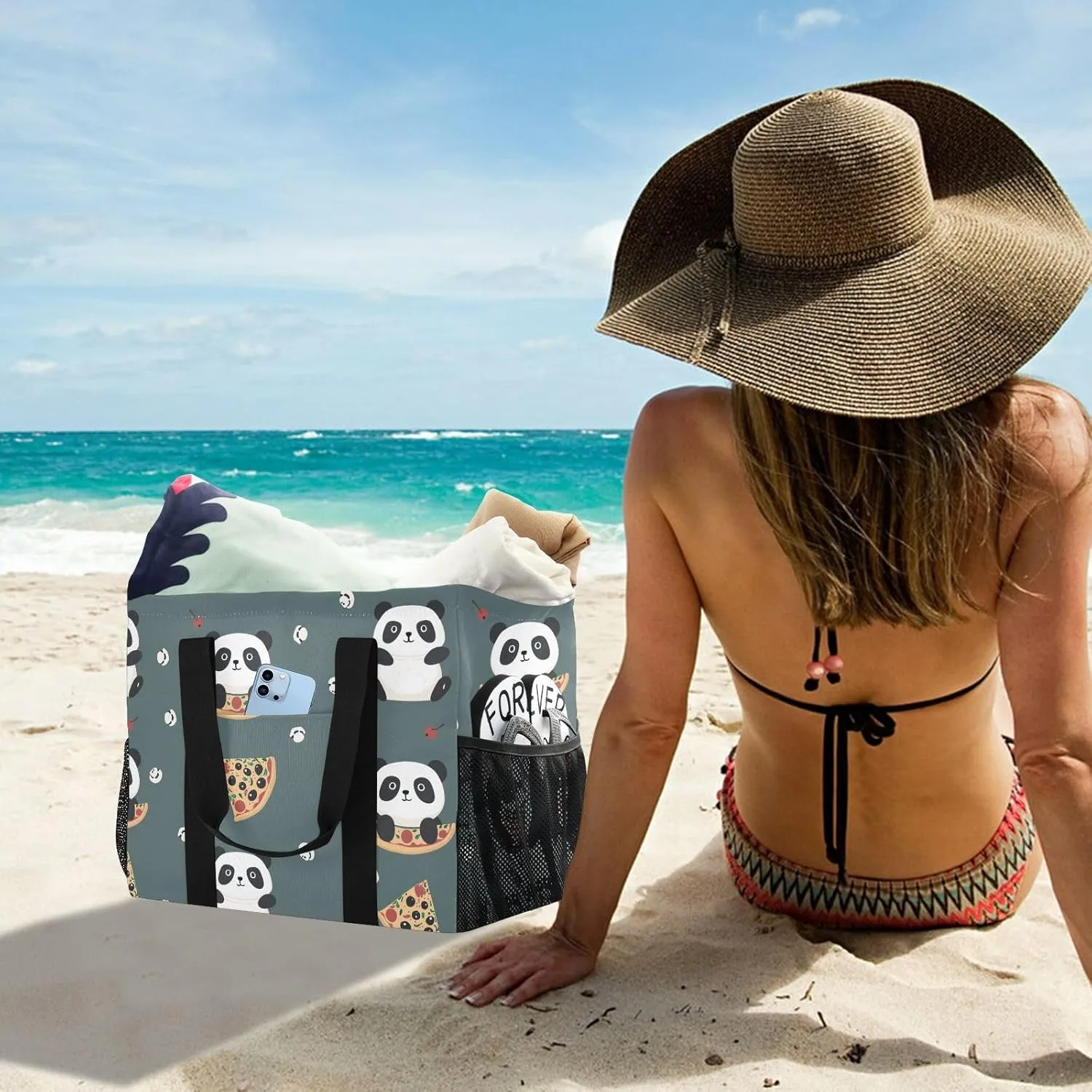 ALAZA Cute Panda and Star on Pink Waterproof Beach Tote Bags