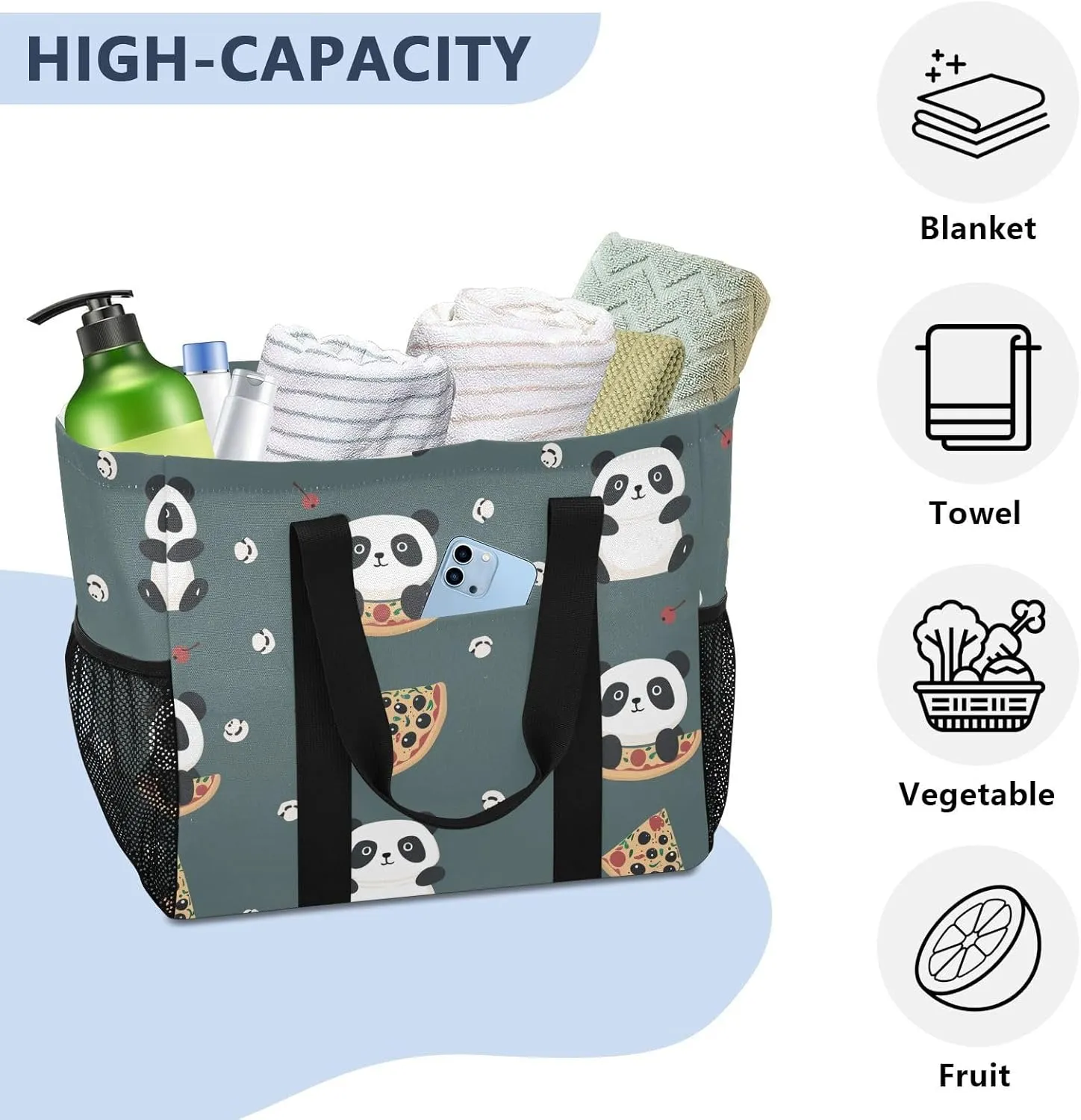 ALAZA Cute Panda and Star on Pink Waterproof Beach Tote Bags