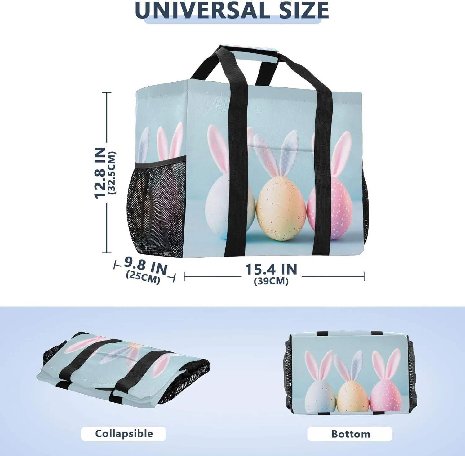 ALAZA Eggs Bunny Ears Happy Easte Waterproof Beach Tote Bags for Travel Camping, Exercise