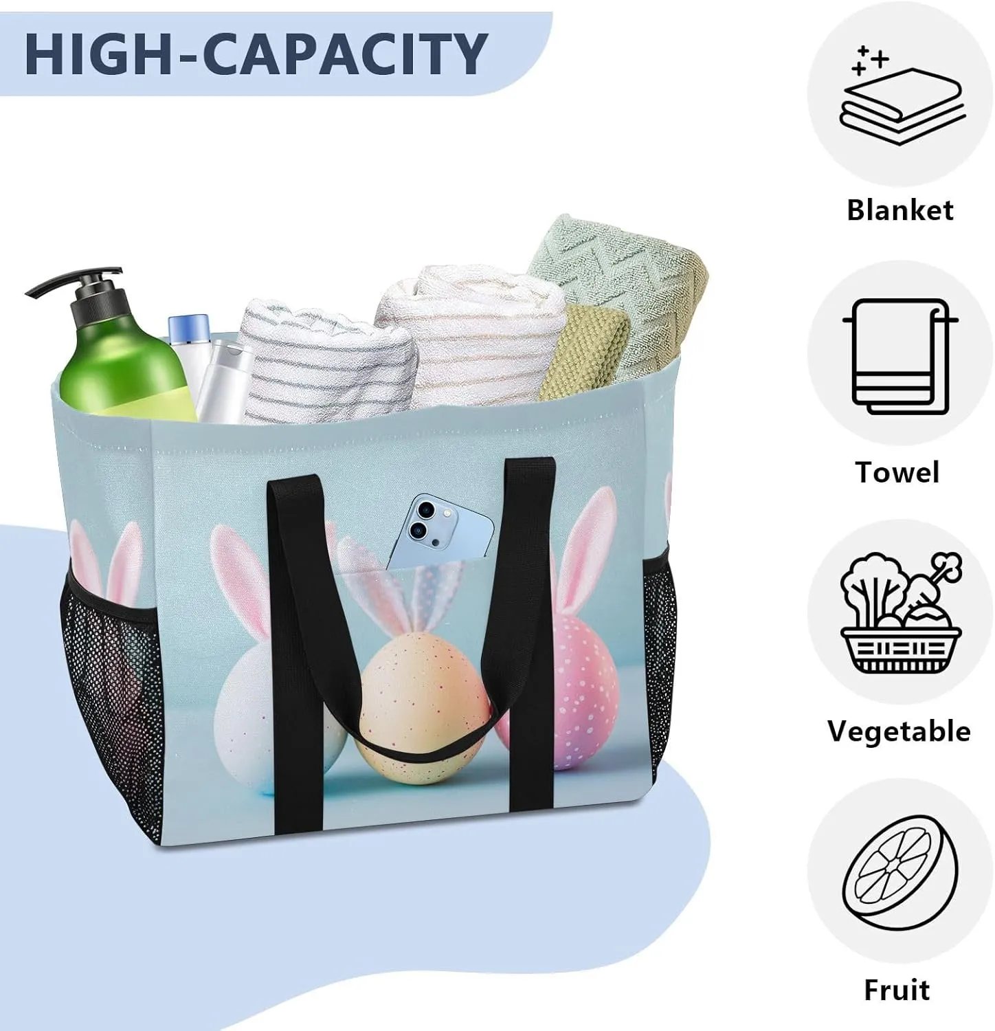 ALAZA Eggs Bunny Ears Happy Easte Waterproof Beach Tote Bags for Travel Camping, Exercise