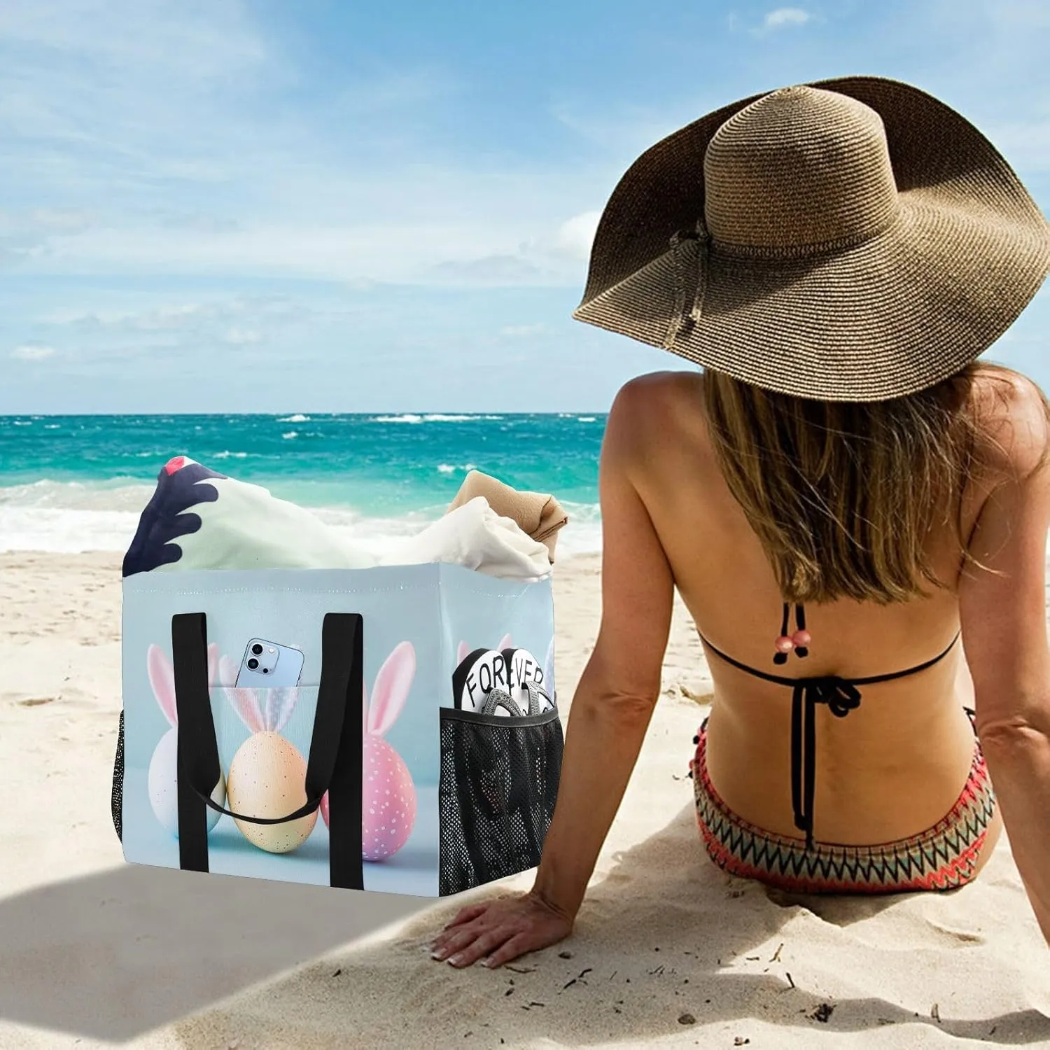 ALAZA Eggs Bunny Ears Happy Easte Waterproof Beach Tote Bags for Travel Camping, Exercise