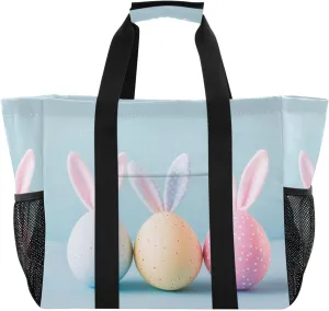 ALAZA Eggs Bunny Ears Happy Easte Waterproof Beach Tote Bags for Travel Camping, Exercise