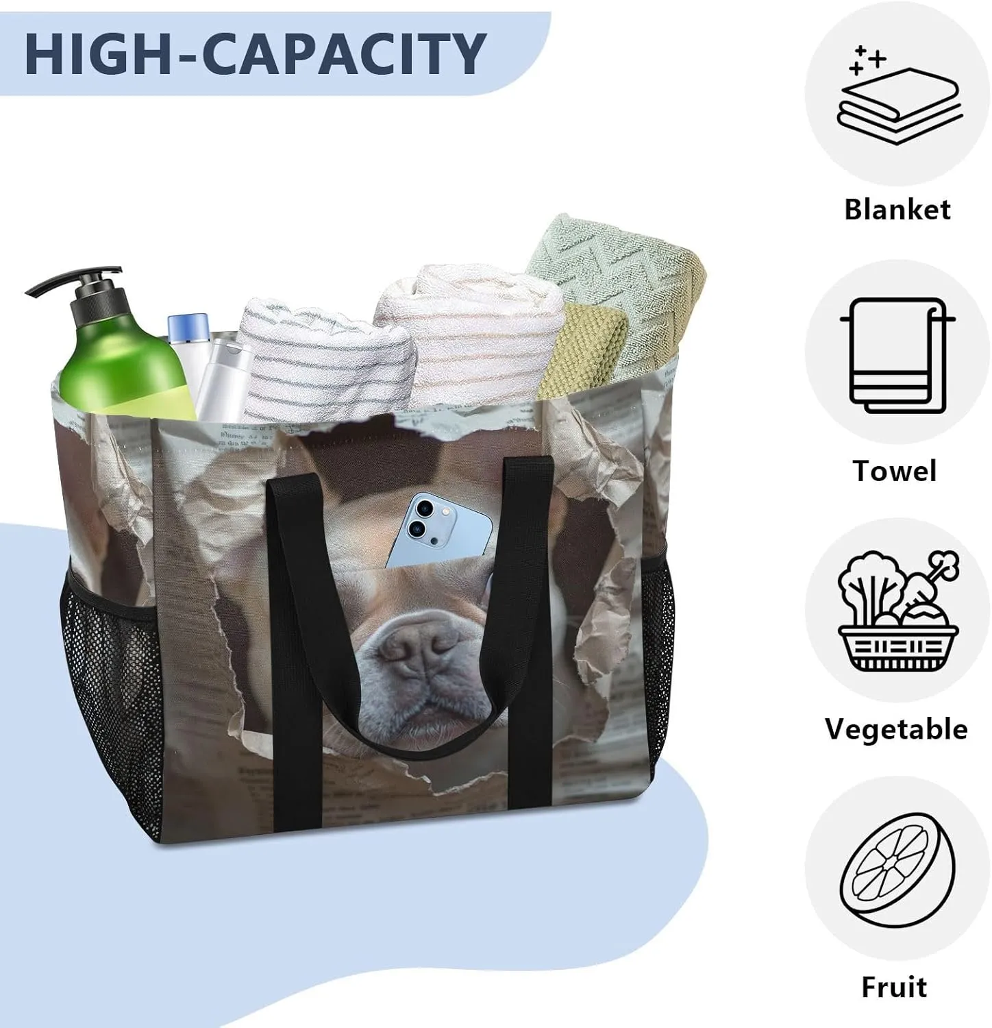 ALAZA French Bulldog Sticking Its Head Through A Hole Waterproof Beach Tote Bags