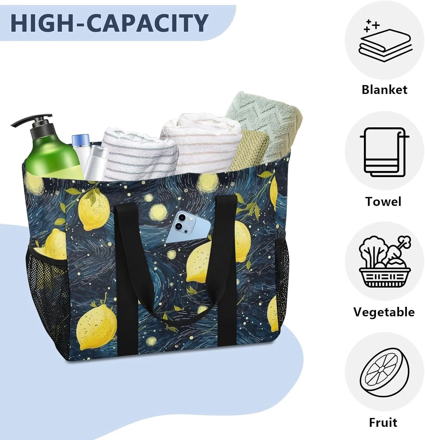 ALAZA Lemon Shape Starry Night Sky Galaxy Waterproof Beach Tote Bags