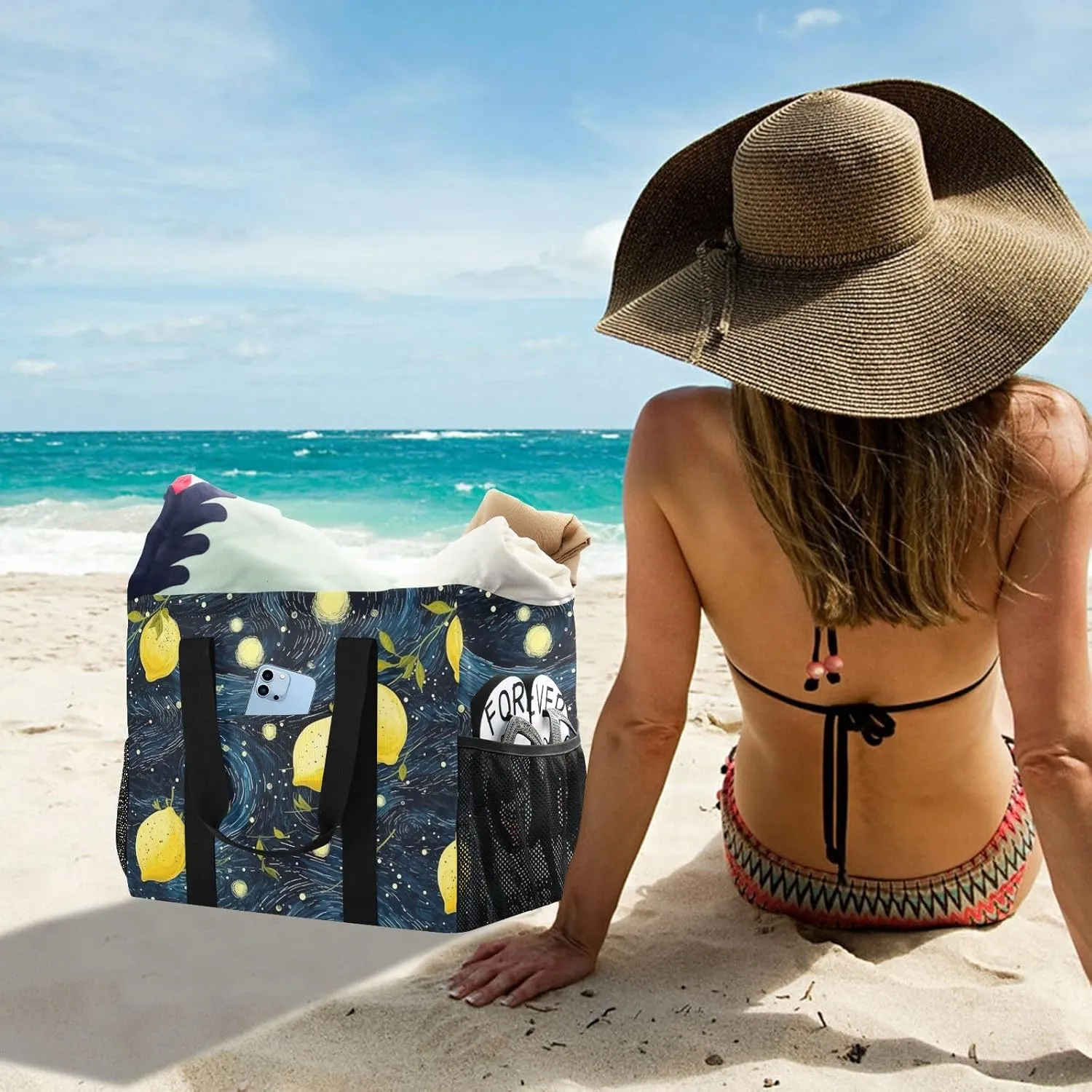 ALAZA Lemon Shape Starry Night Sky Galaxy Waterproof Beach Tote Bags