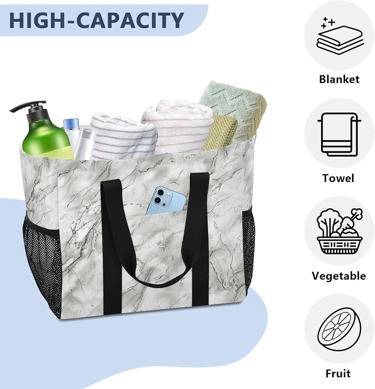 ALAZA Marble Blue White Waterproof Beach Tote Bags