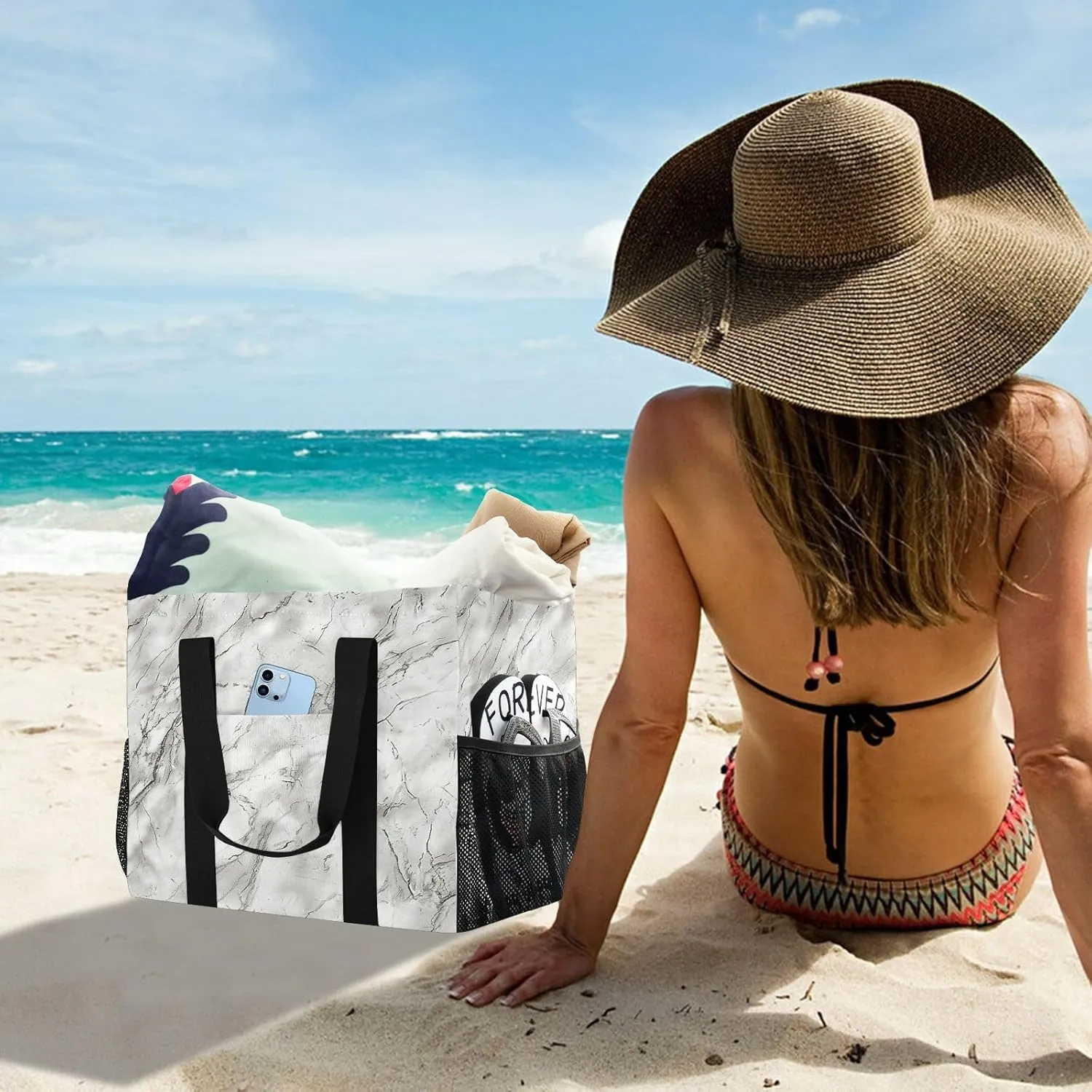 ALAZA Marble Blue White Waterproof Beach Tote Bags