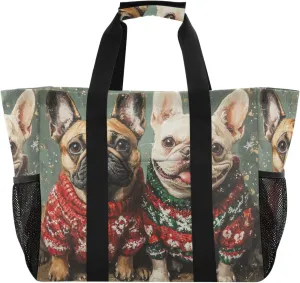 ALAZA Merry Christmas Cute French Bulldog Bone Christmas Hat Waterproof Beach Tote Bags