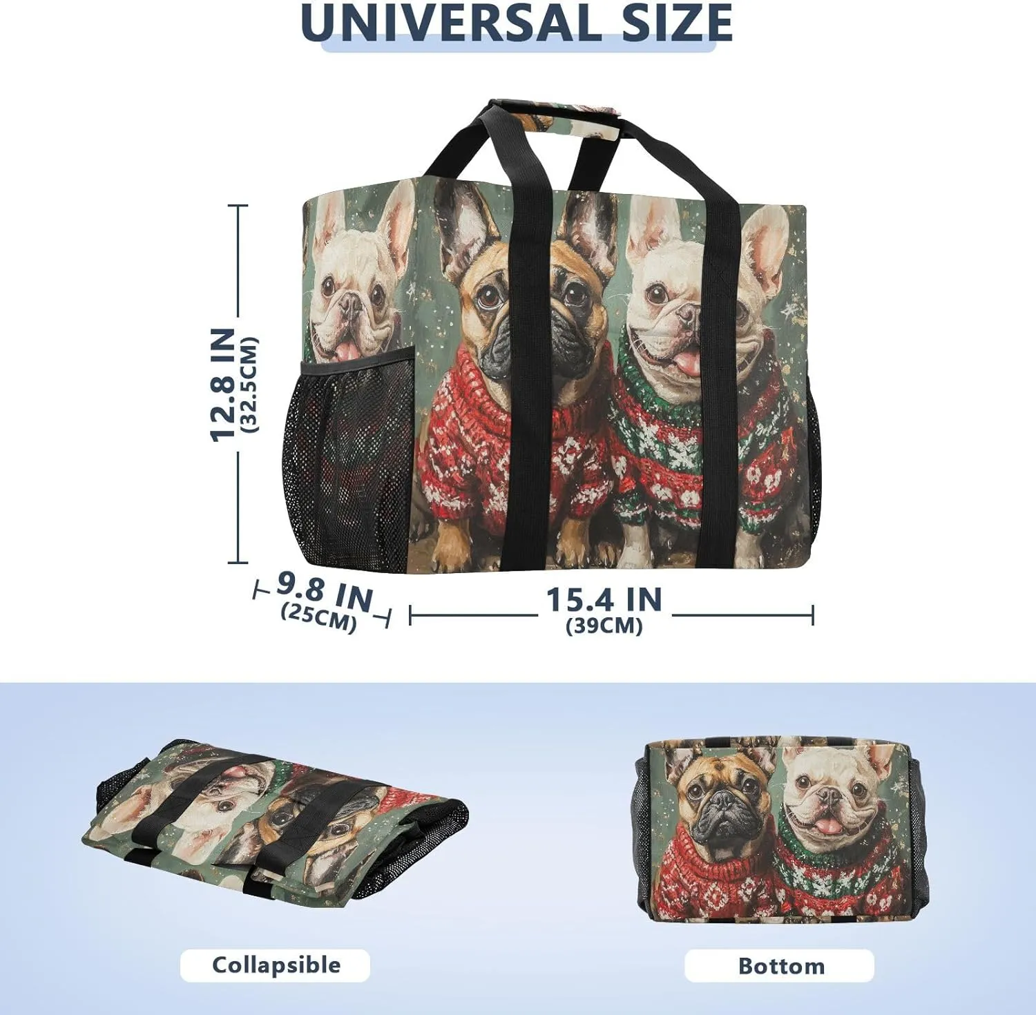 ALAZA Merry Christmas Cute French Bulldog Bone Christmas Hat Waterproof Beach Tote Bags