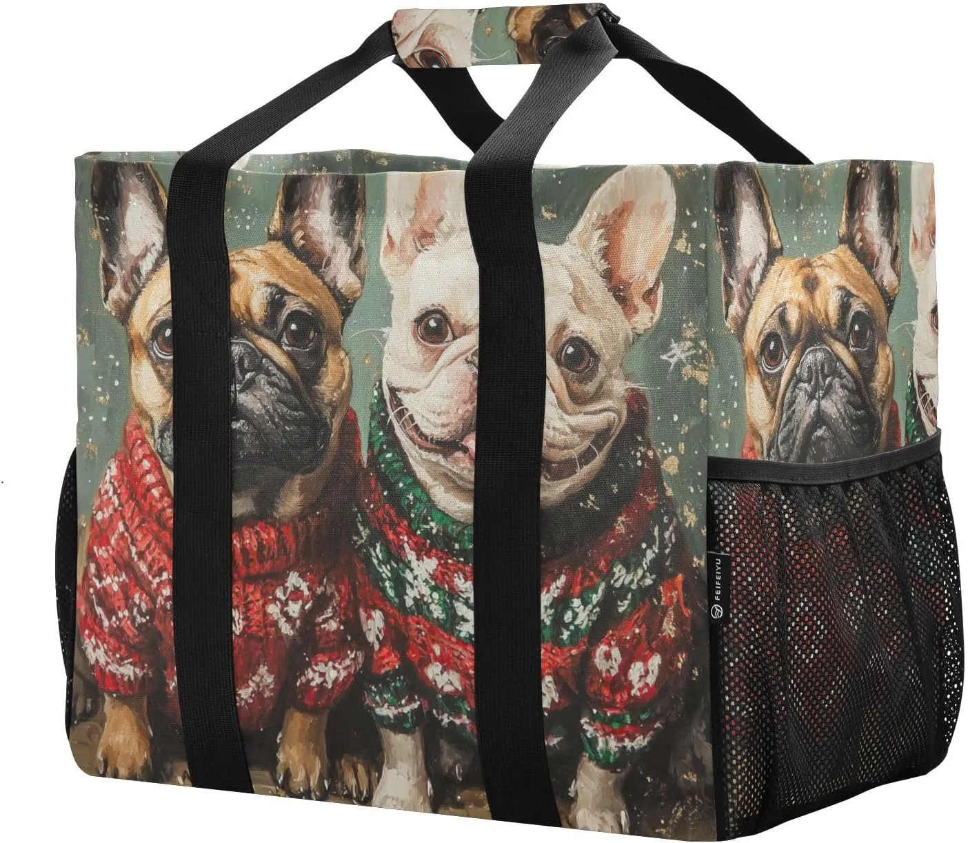 ALAZA Merry Christmas Cute French Bulldog Bone Christmas Hat Waterproof Beach Tote Bags