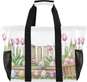 ALAZA Rabbit Easter Egg Chick Flower Leaf Branch Waterproof Beach Tote Bags