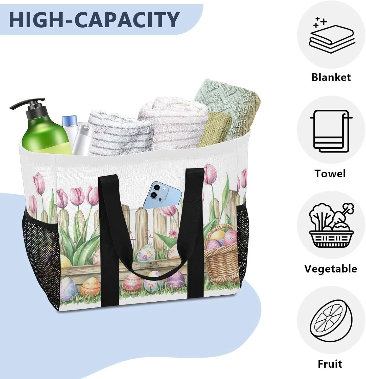 ALAZA Rabbit Easter Egg Chick Flower Leaf Branch Waterproof Beach Tote Bags