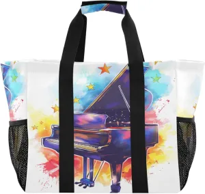 ALAZA Rose on Piano Musical Note Starry Waterproof Beach Tote Bags
