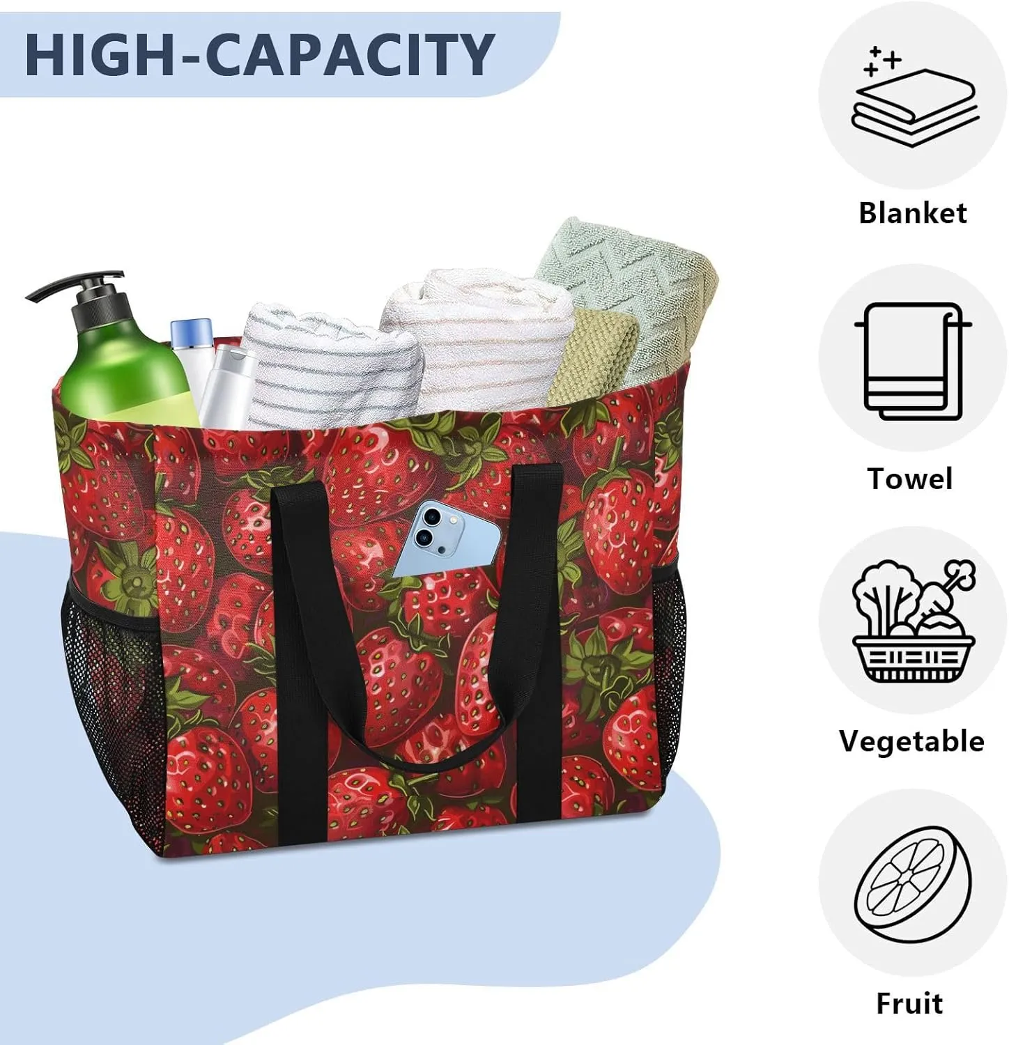 ALAZA Strawberry Seamless on Yellow Waterproof Beach Tote Bags