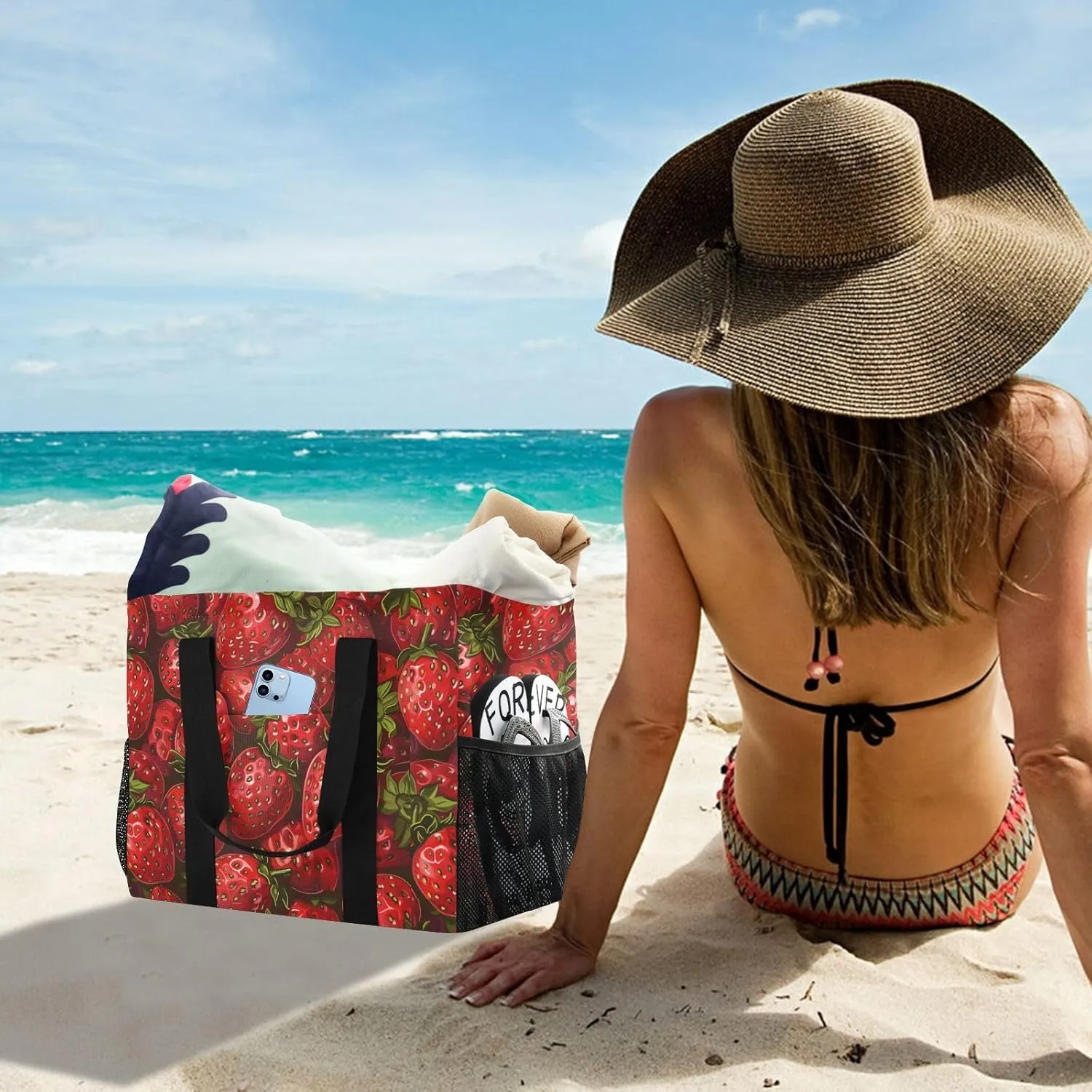 ALAZA Strawberry Seamless on Yellow Waterproof Beach Tote Bags