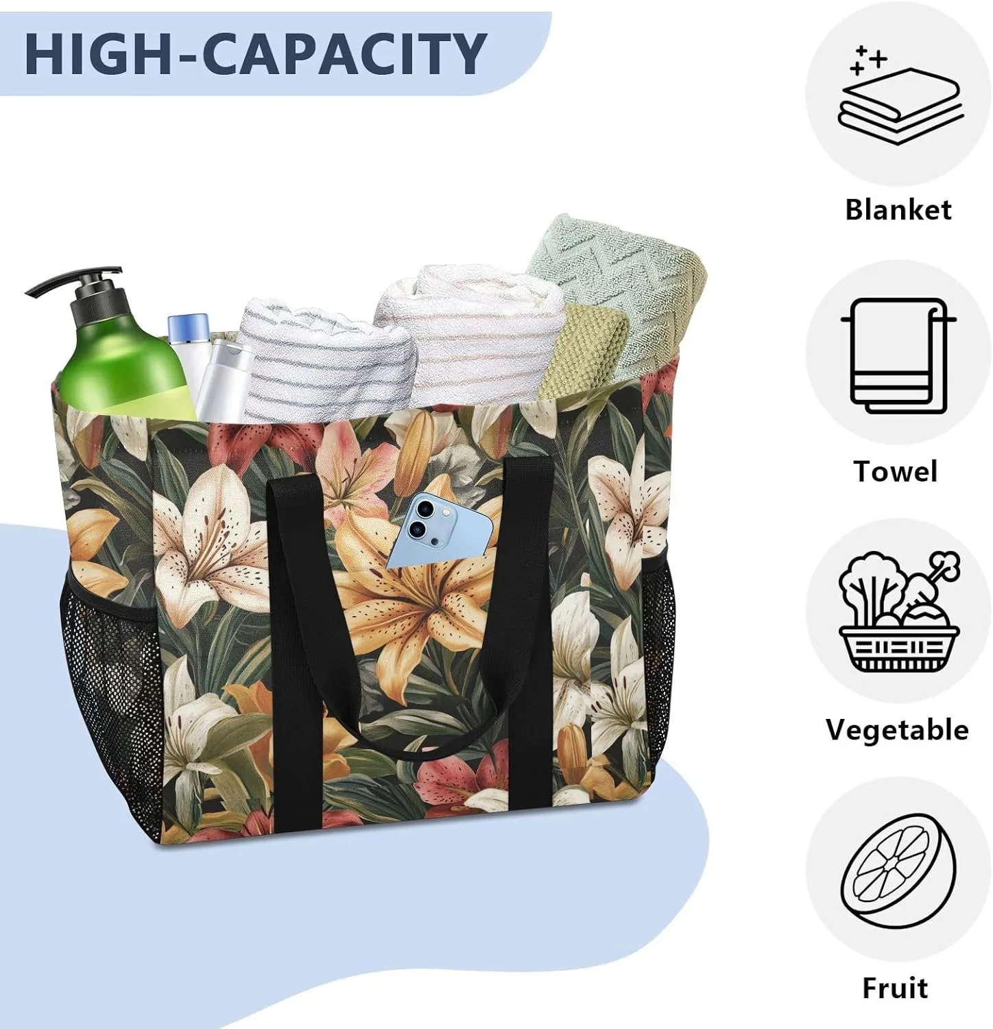 ALAZA Summer Pink Lily Waterproof Beach Tote Bags
