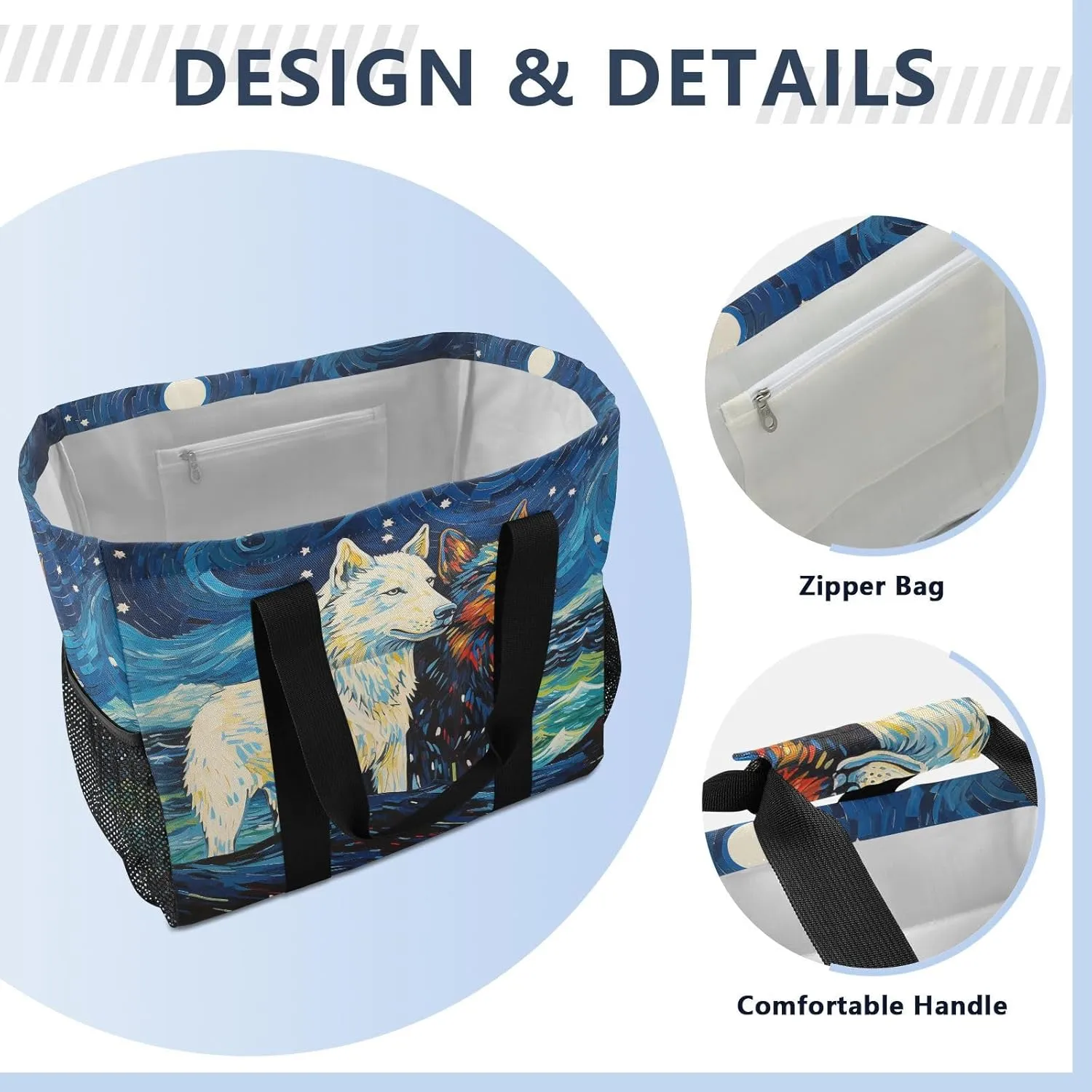 ALAZA Two Wolf Huge Starry Night Waterproof Beach Tote Bags