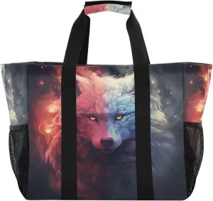 ALAZA Two Wolf Huge Starry Night Waterproof Beach Tote Bags