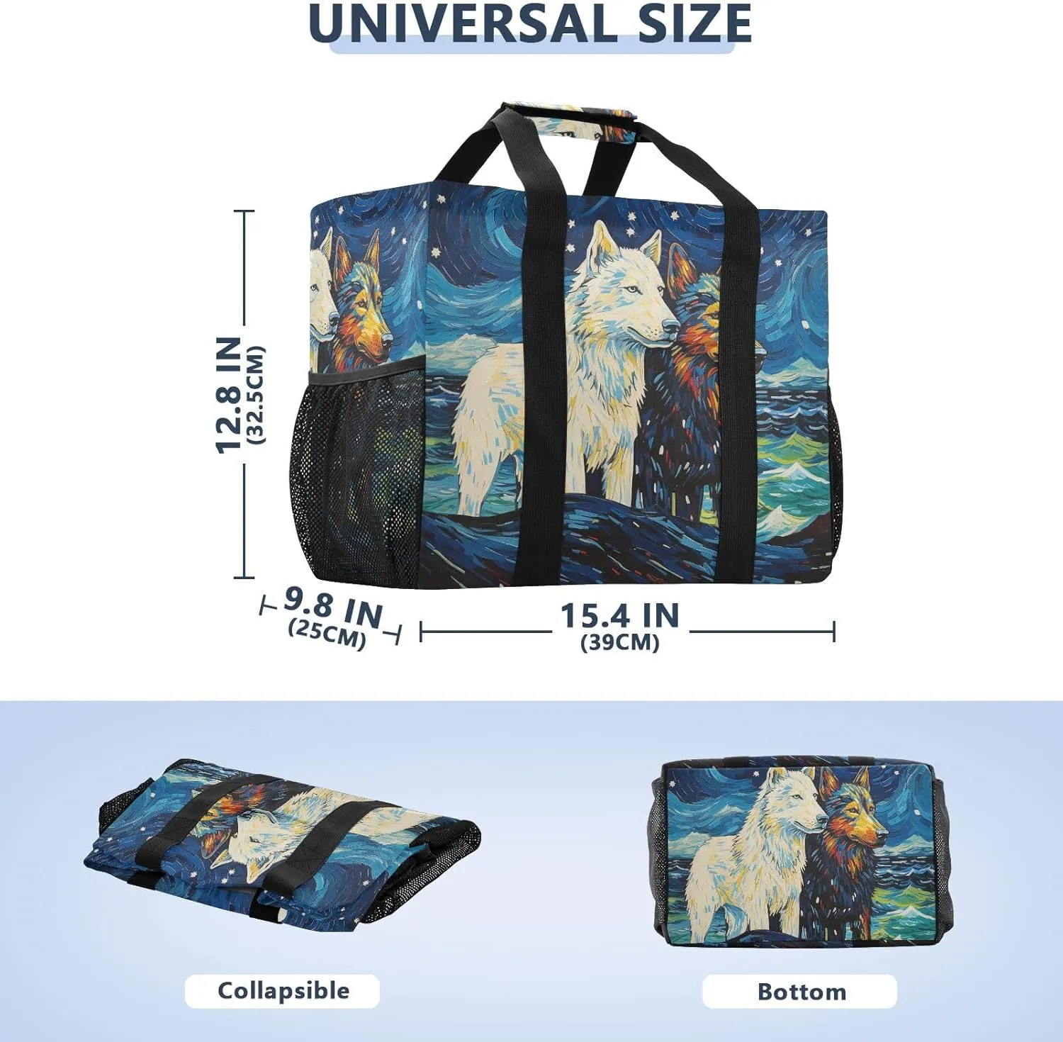 ALAZA Two Wolf Huge Starry Night Waterproof Beach Tote Bags