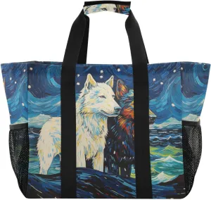 ALAZA Two Wolf Huge Starry Night Waterproof Beach Tote Bags