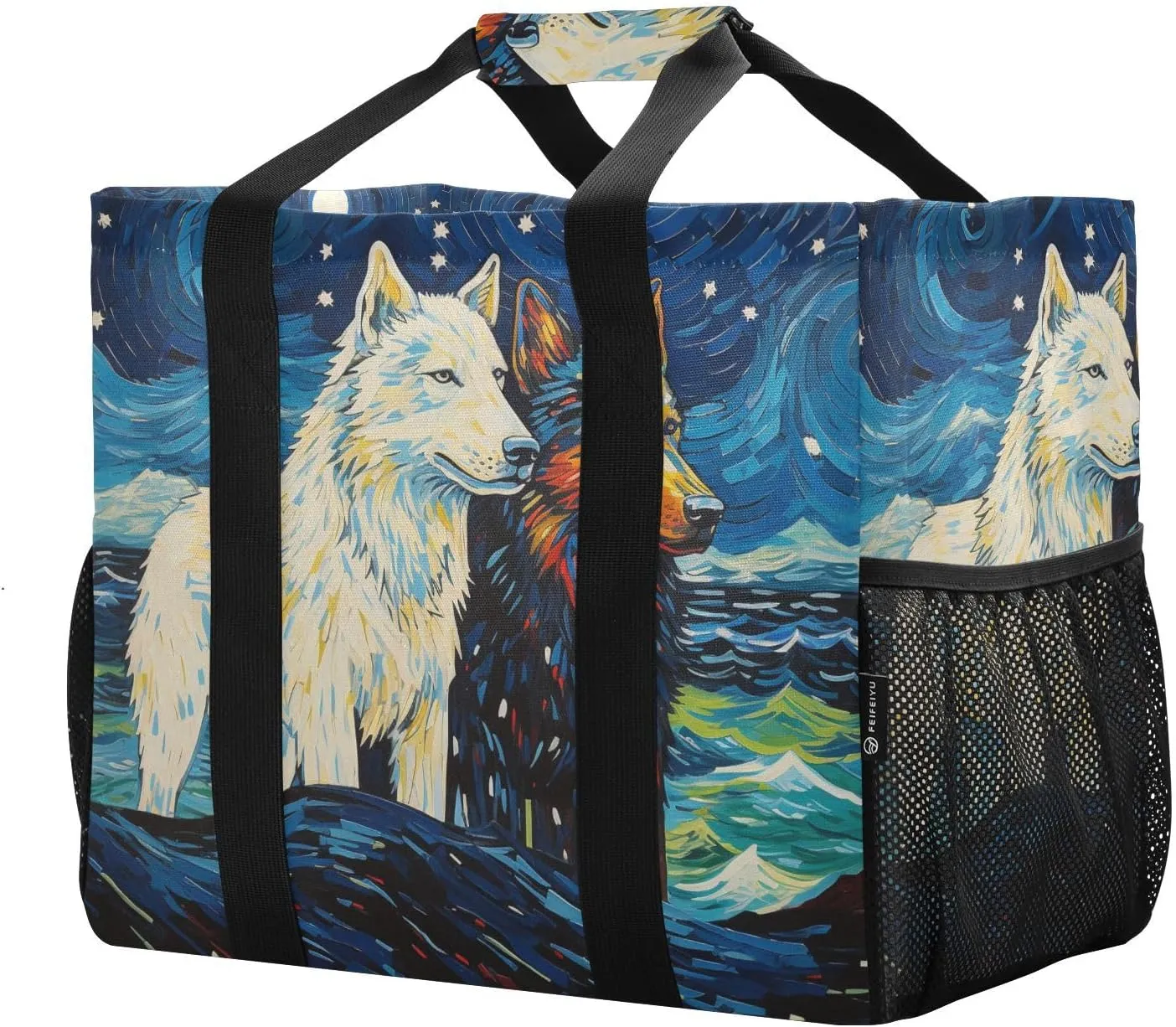ALAZA Two Wolf Huge Starry Night Waterproof Beach Tote Bags