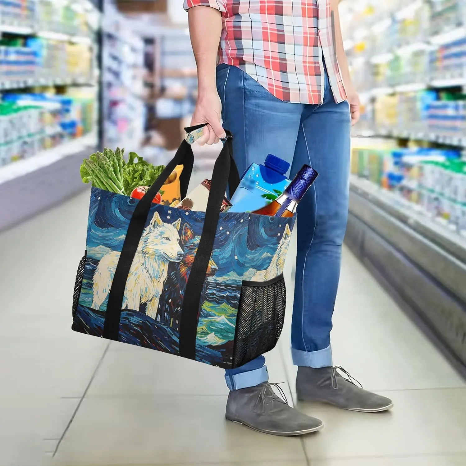 ALAZA Two Wolf Huge Starry Night Waterproof Beach Tote Bags