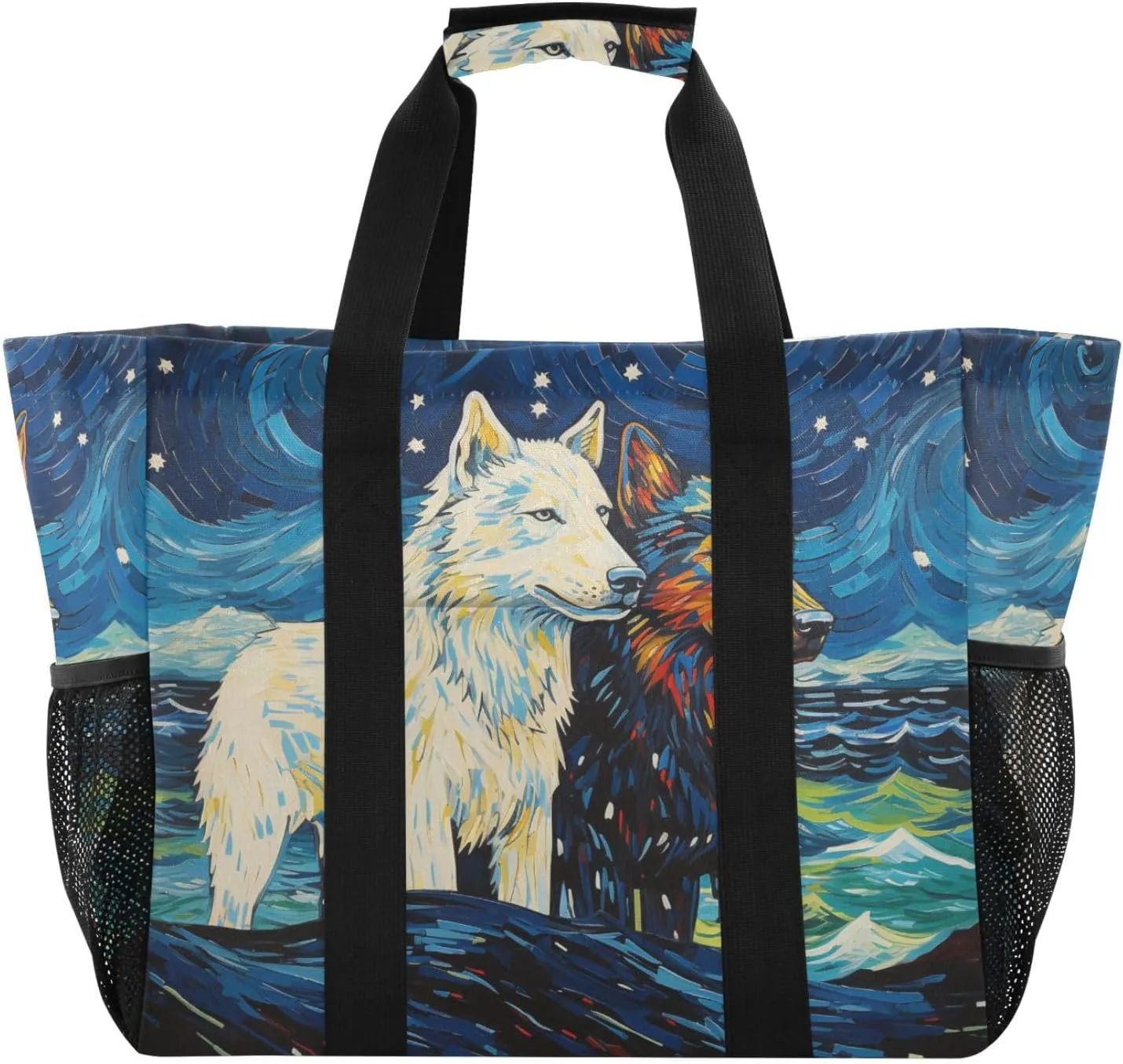 ALAZA Two Wolf Huge Starry Night Waterproof Beach Tote Bags