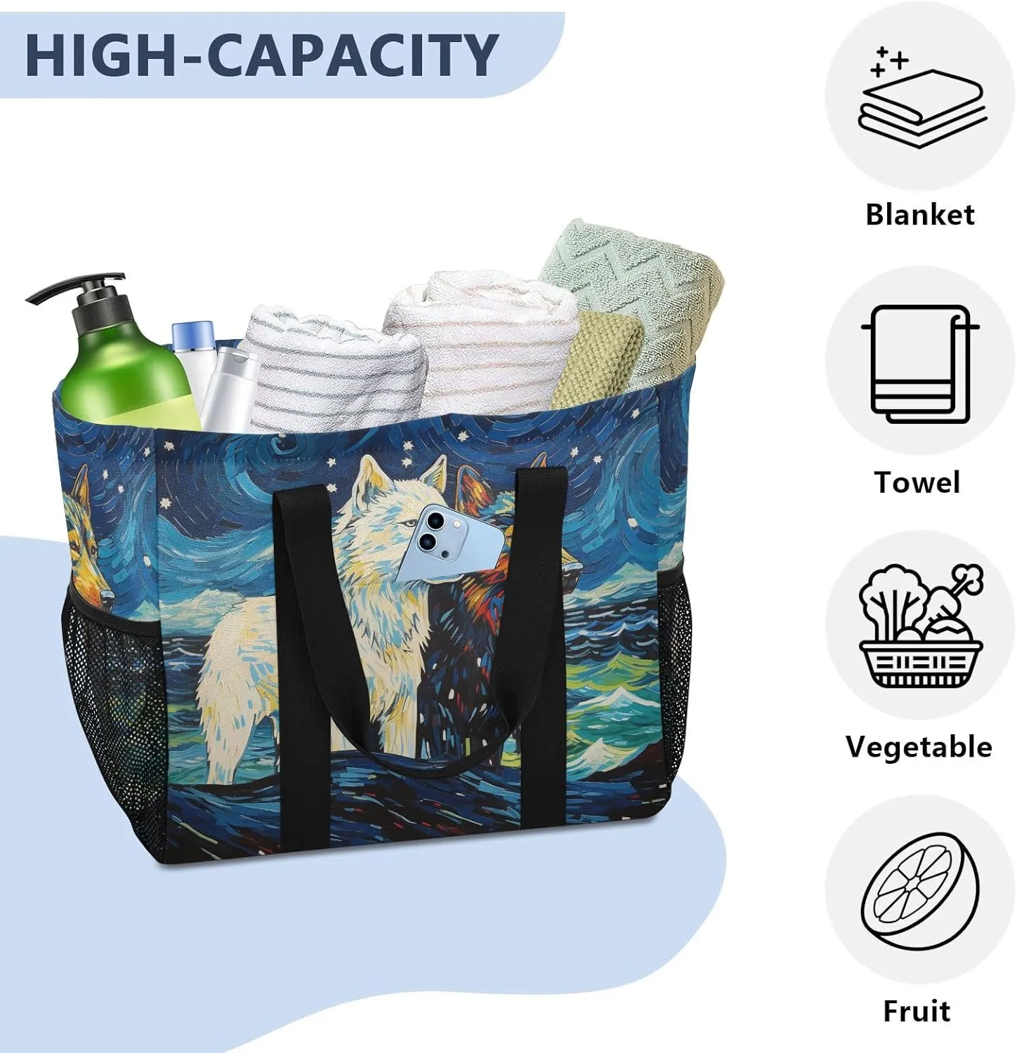 ALAZA Two Wolf Huge Starry Night Waterproof Beach Tote Bags