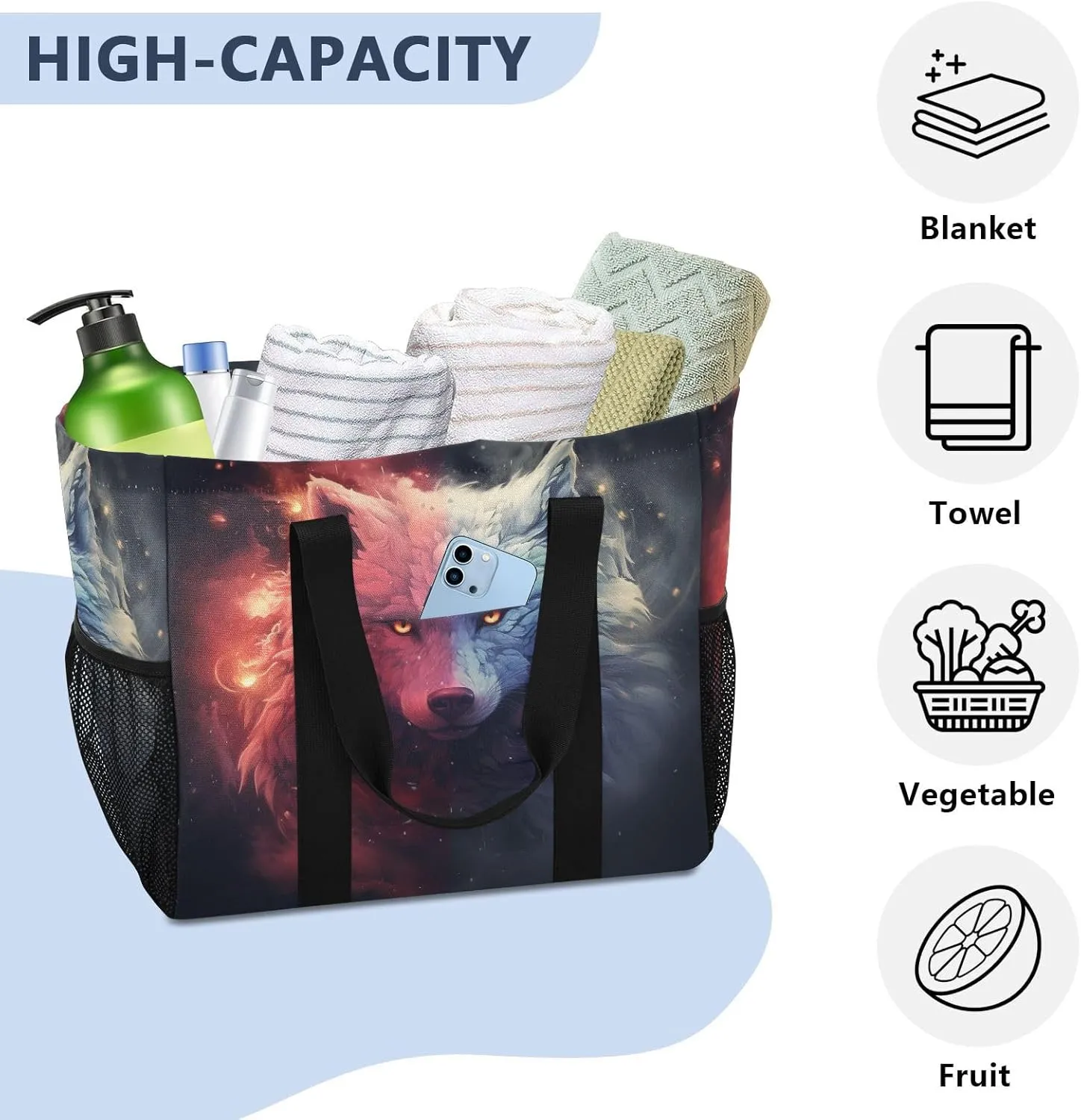 ALAZA Two Wolf Huge Starry Night Waterproof Beach Tote Bags