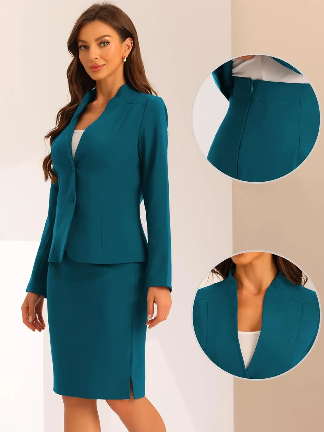 Allegra K 2 Piece Suit Skirt Set for Women's Business Formal Collarless Blazer and Pencil Skirts
