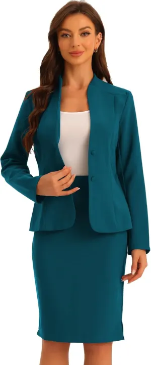 Allegra K 2 Piece Suit Skirt Set for Women's Business Formal Collarless Blazer and Pencil Skirts