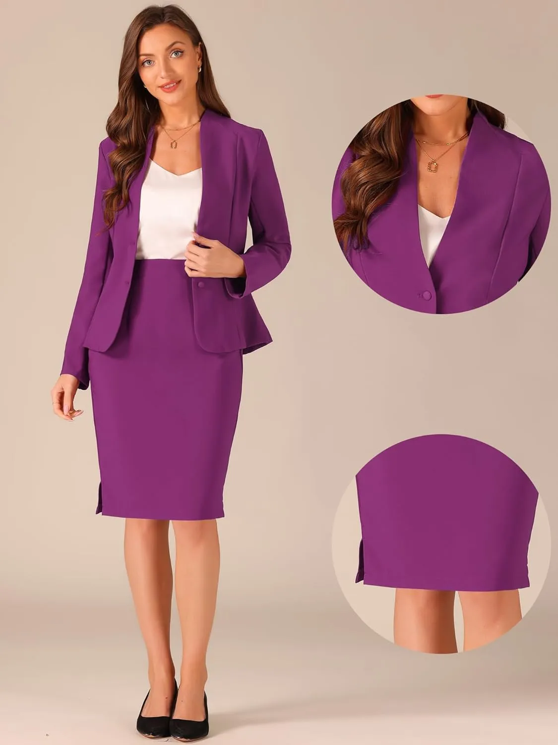 Allegra K 2 Piece Suit Skirt Set for Women's Business Formal Collarless Blazer and Pencil Skirts
