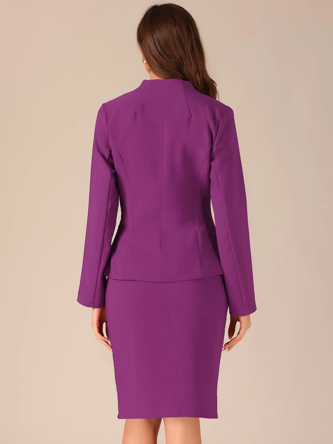 Allegra K 2 Piece Suit Skirt Set for Women's Business Formal Collarless Blazer and Pencil Skirts