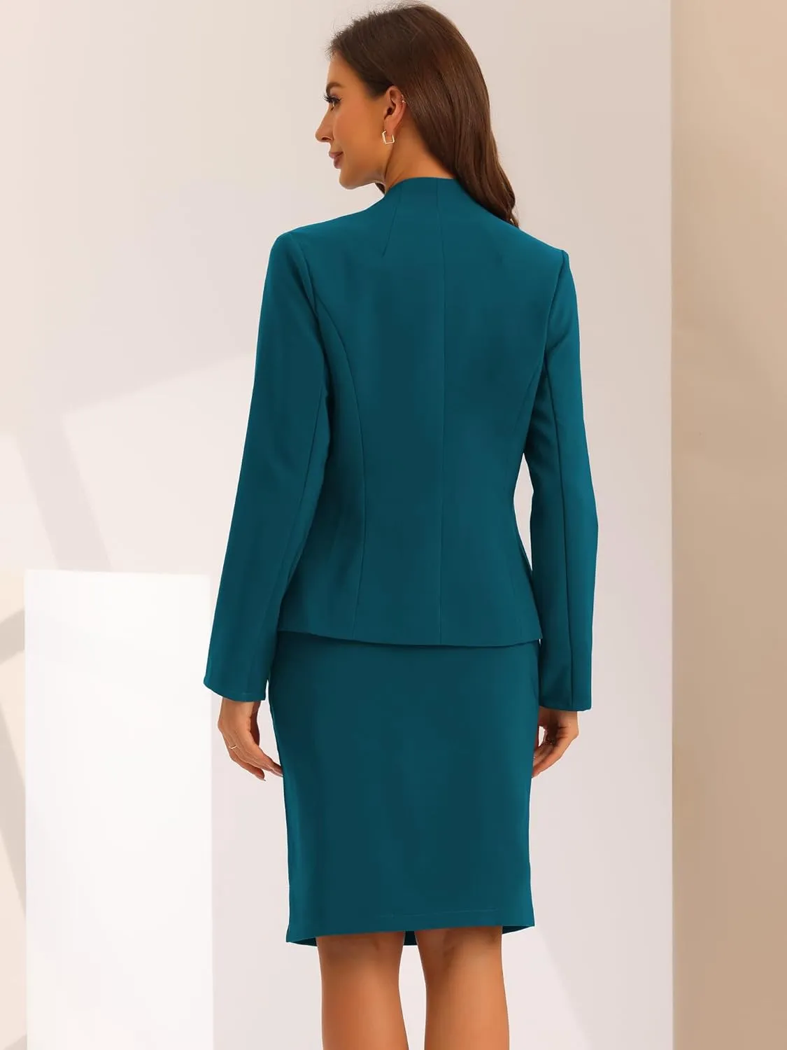 Allegra K 2 Piece Suit Skirt Set for Women's Business Formal Collarless Blazer and Pencil Skirts