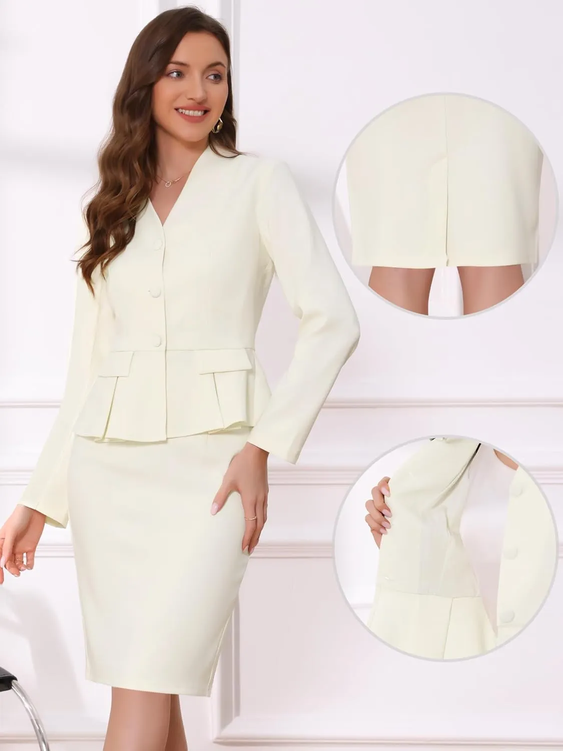 Allegra K Business Suit Sets for Women's 2 Piece Outfits Collarless Peplum Blazer Formal Pencil Skirt Suit