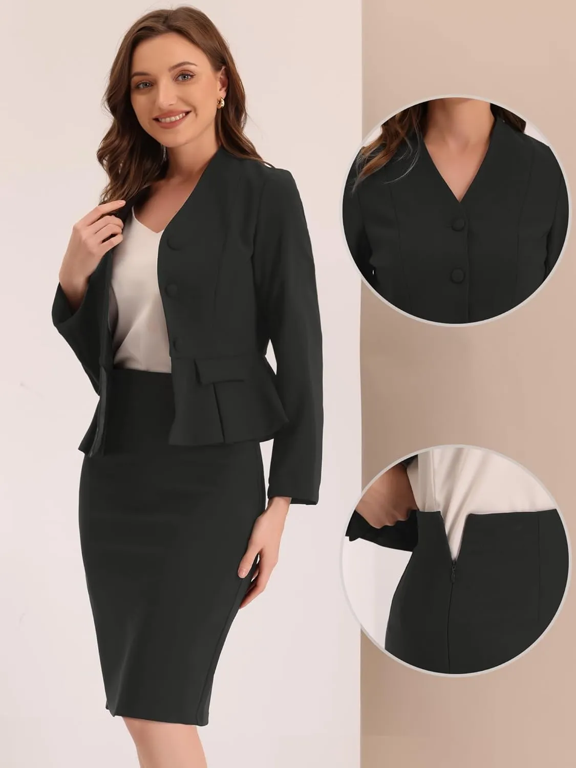 Allegra K Business Suit Sets for Women's 2 Piece Outfits Collarless Peplum Blazer Formal Pencil Skirt Suit