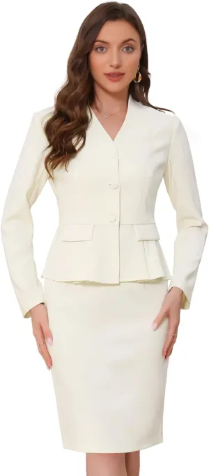 Allegra K Business Suit Sets for Women's 2 Piece Outfits Collarless Peplum Blazer Formal Pencil Skirt Suit