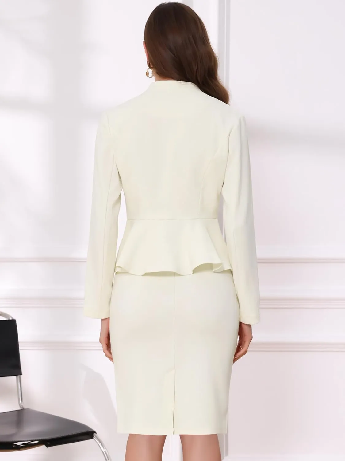 Allegra K Business Suit Sets for Women's 2 Piece Outfits Collarless Peplum Blazer Formal Pencil Skirt Suit