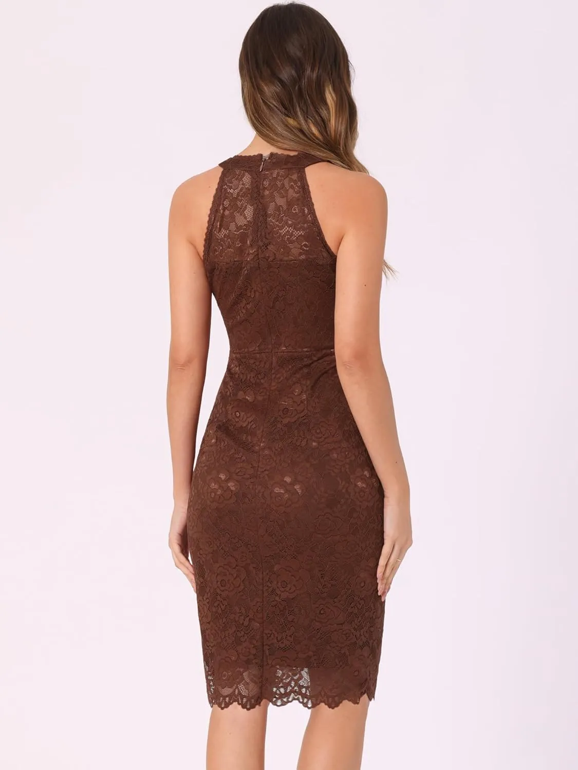 Allegra K Halter Formal Dress for Women's Sleeveless Bodycon Wedding Guest Cocktail Lace Sheath Dress