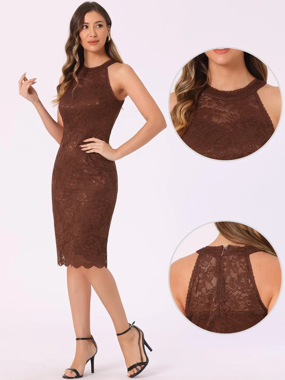 Allegra K Halter Formal Dress for Women's Sleeveless Bodycon Wedding Guest Cocktail Lace Sheath Dress