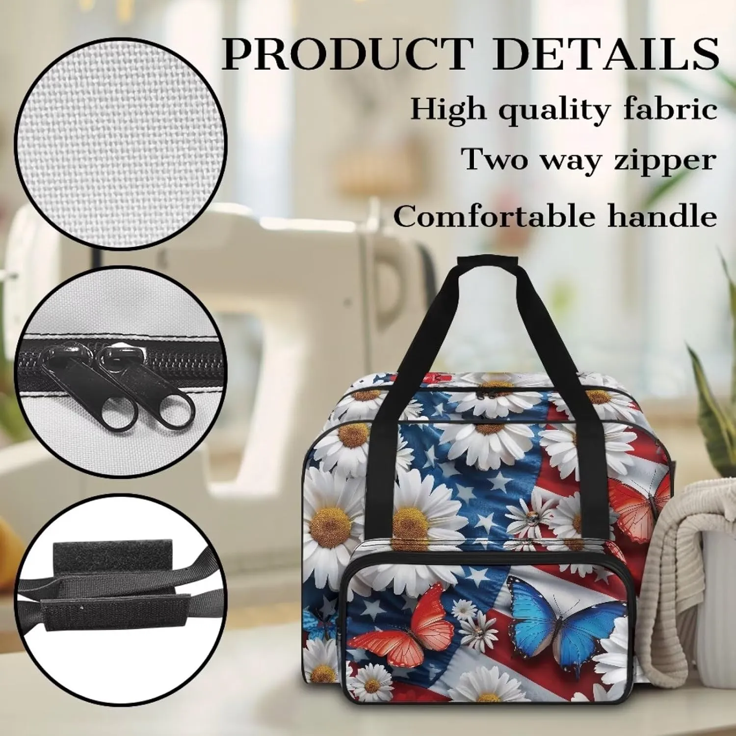 American Flag Butterfly Sewing Machine Carrying Case with Pocket/Handles/Soft Bottom Pad Prevent Scratches Sewing Accessories Carrier Bag Sewing Class Supplies(19.7 X 9.8 X 13