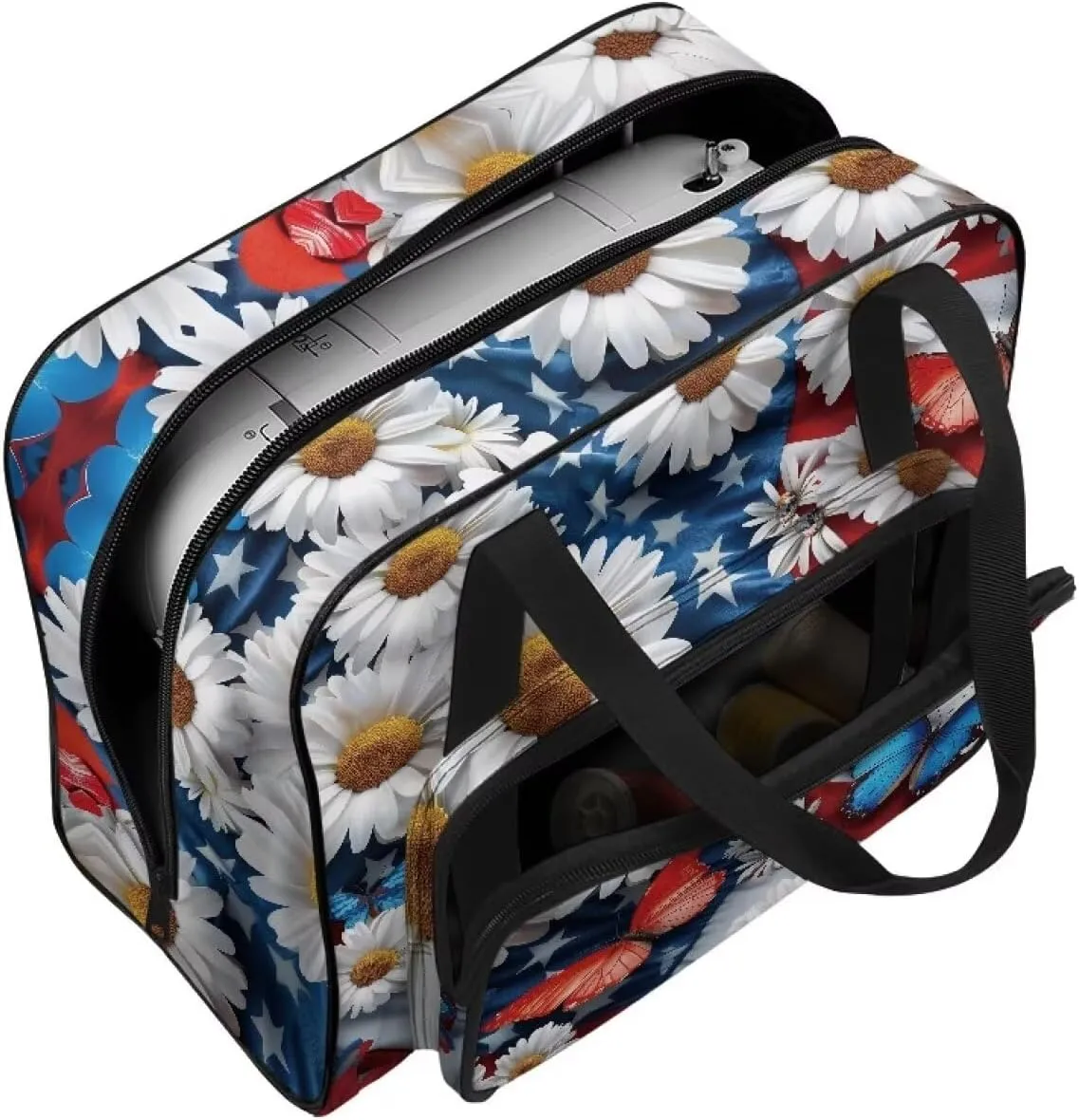 American Flag Butterfly Sewing Machine Carrying Case with Pocket/Handles/Soft Bottom Pad Prevent Scratches Sewing Accessories Carrier Bag Sewing Class Supplies(19.7 X 9.8 X 13