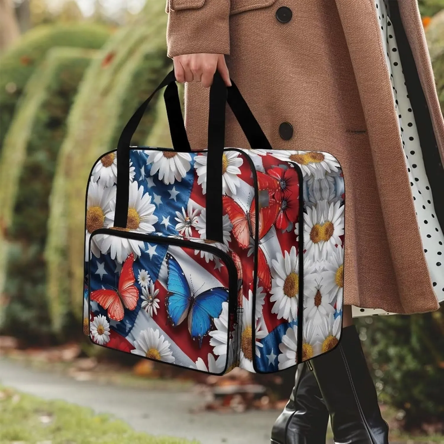 American Flag Butterfly Sewing Machine Carrying Case with Pocket/Handles/Soft Bottom Pad Prevent Scratches Sewing Accessories Carrier Bag Sewing Class Supplies(19.7 X 9.8 X 13