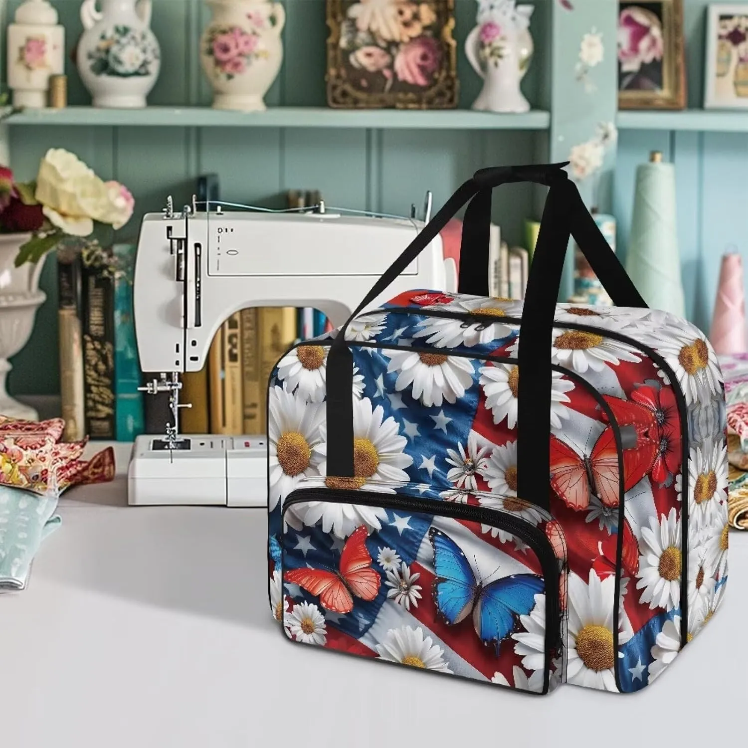 American Flag Butterfly Sewing Machine Carrying Case with Pocket/Handles/Soft Bottom Pad Prevent Scratches Sewing Accessories Carrier Bag Sewing Class Supplies(19.7 X 9.8 X 13